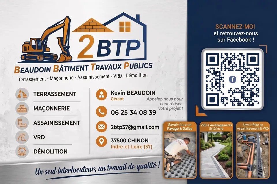 Carte de visite 2BTP – terrassement, maçonnerie, assainissement, VRD, démolition